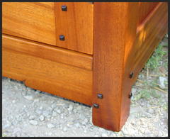 Detail of carved "cloud lift" front stretcher and square Ebony pegs on door and leg.